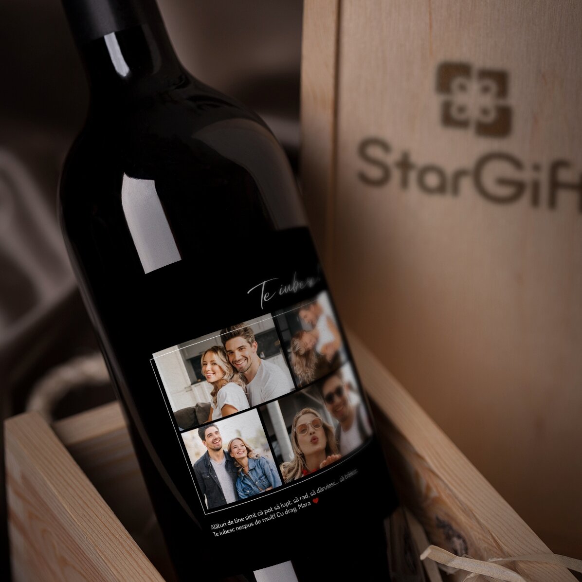 Vin personalizat cu 4 poze și text pentru iubit