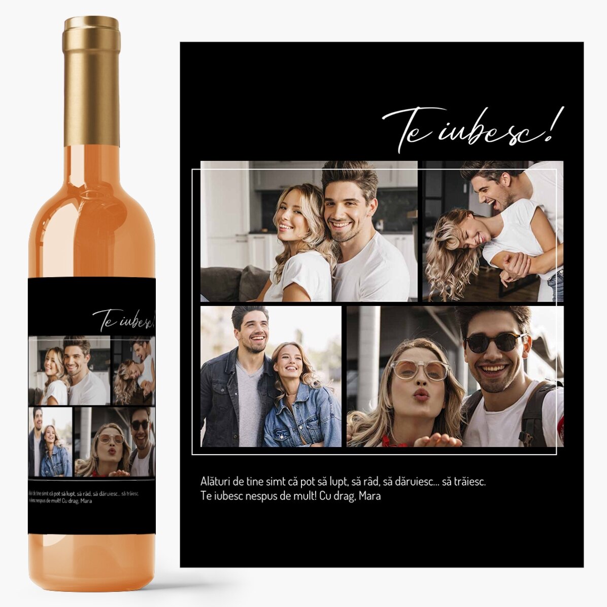 Vin personalizat cu 4 poze și text pentru iubit
