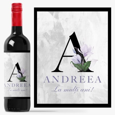 Vin personalizat cu inițială, nume și mesaj - Floral