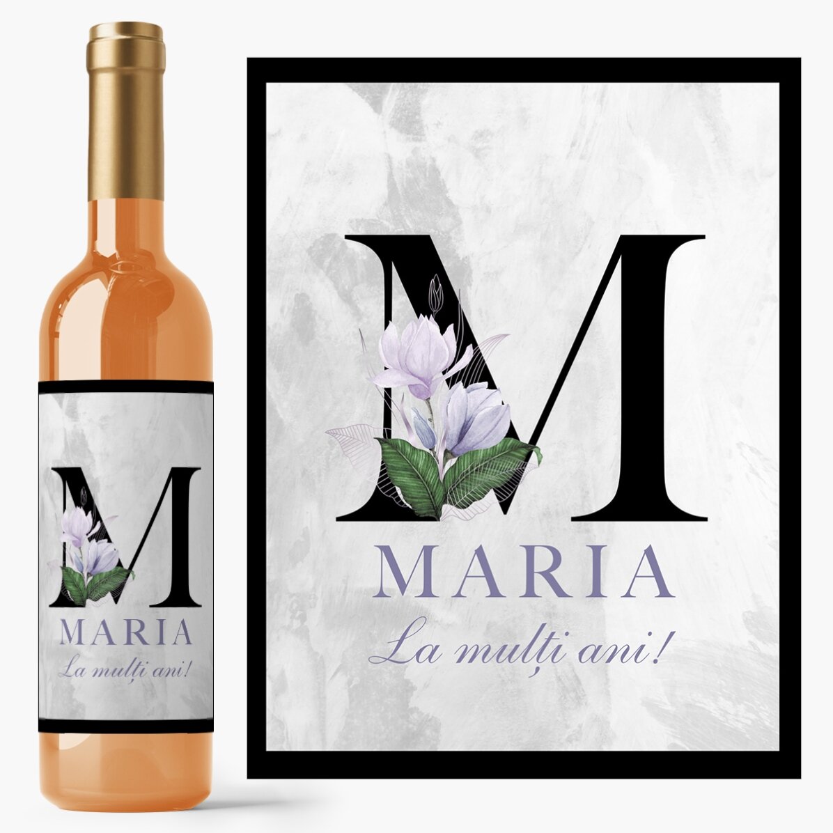 Vin personalizat cu inițială, nume și mesaj - Floral