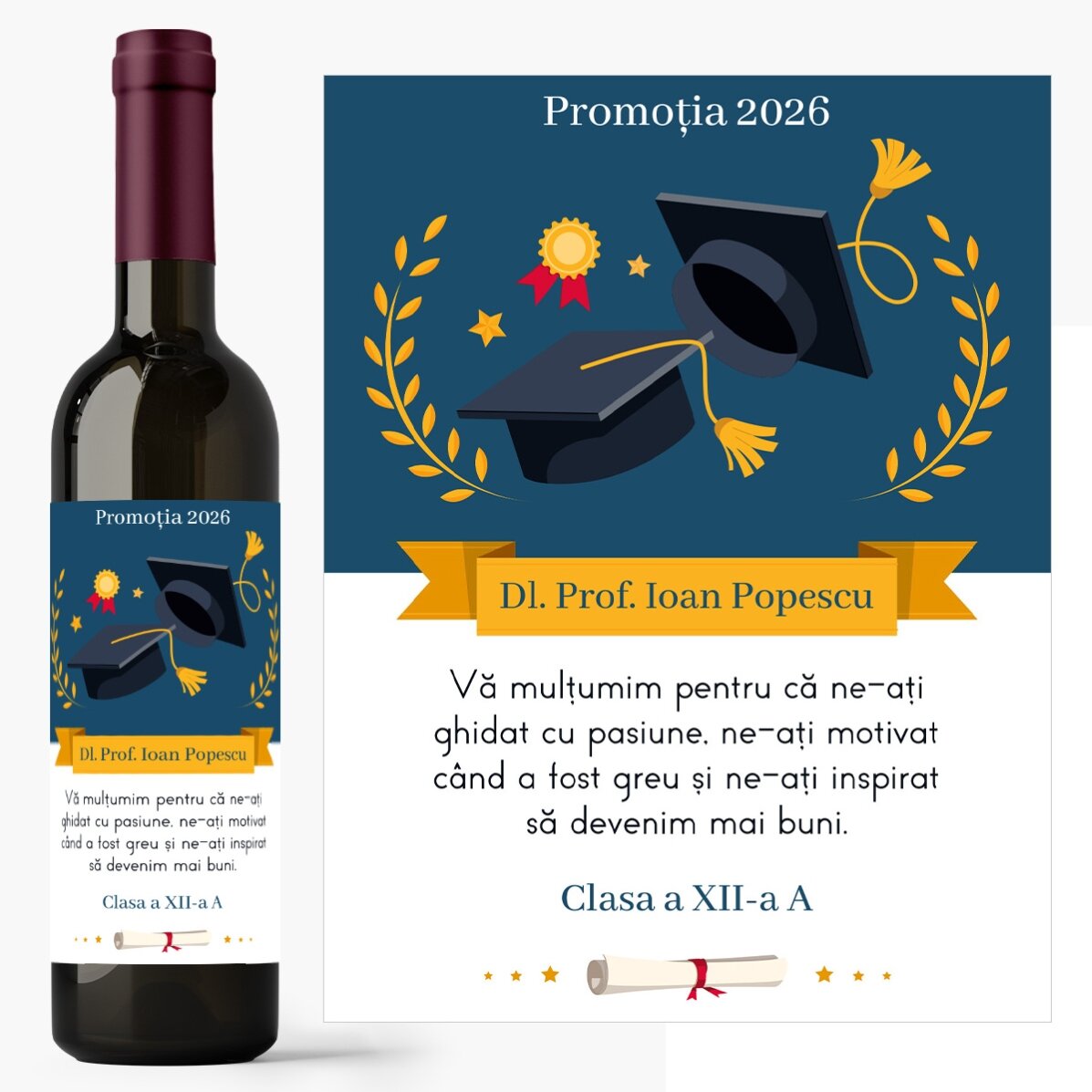 Vin personalizat cu mesaj pentru profesor - Mulțumim! 