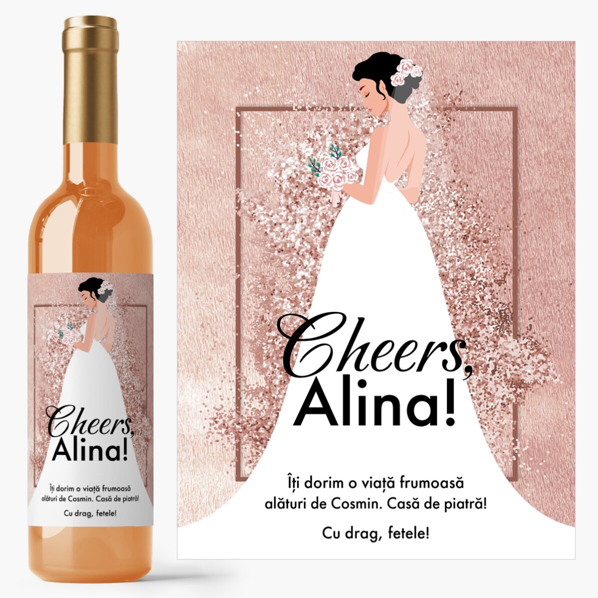 Vin personalizat cu mesaj pentru viitoarea mireasă