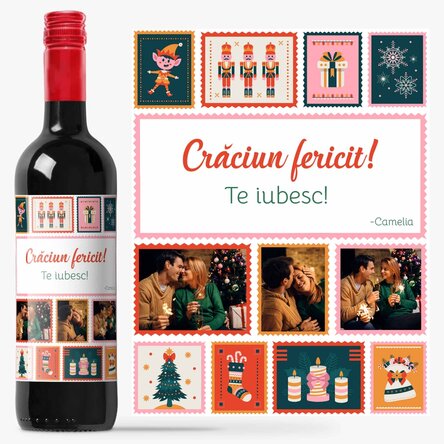 Vin personalizat cu mesaj și 3 poze de Crăciun - Timbre