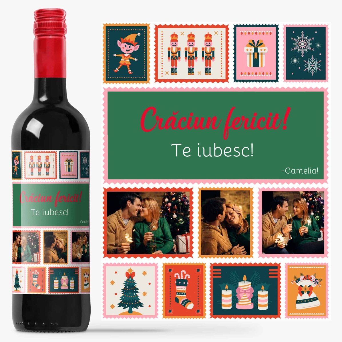 Vin personalizat cu mesaj și 3 poze de Crăciun - Timbre