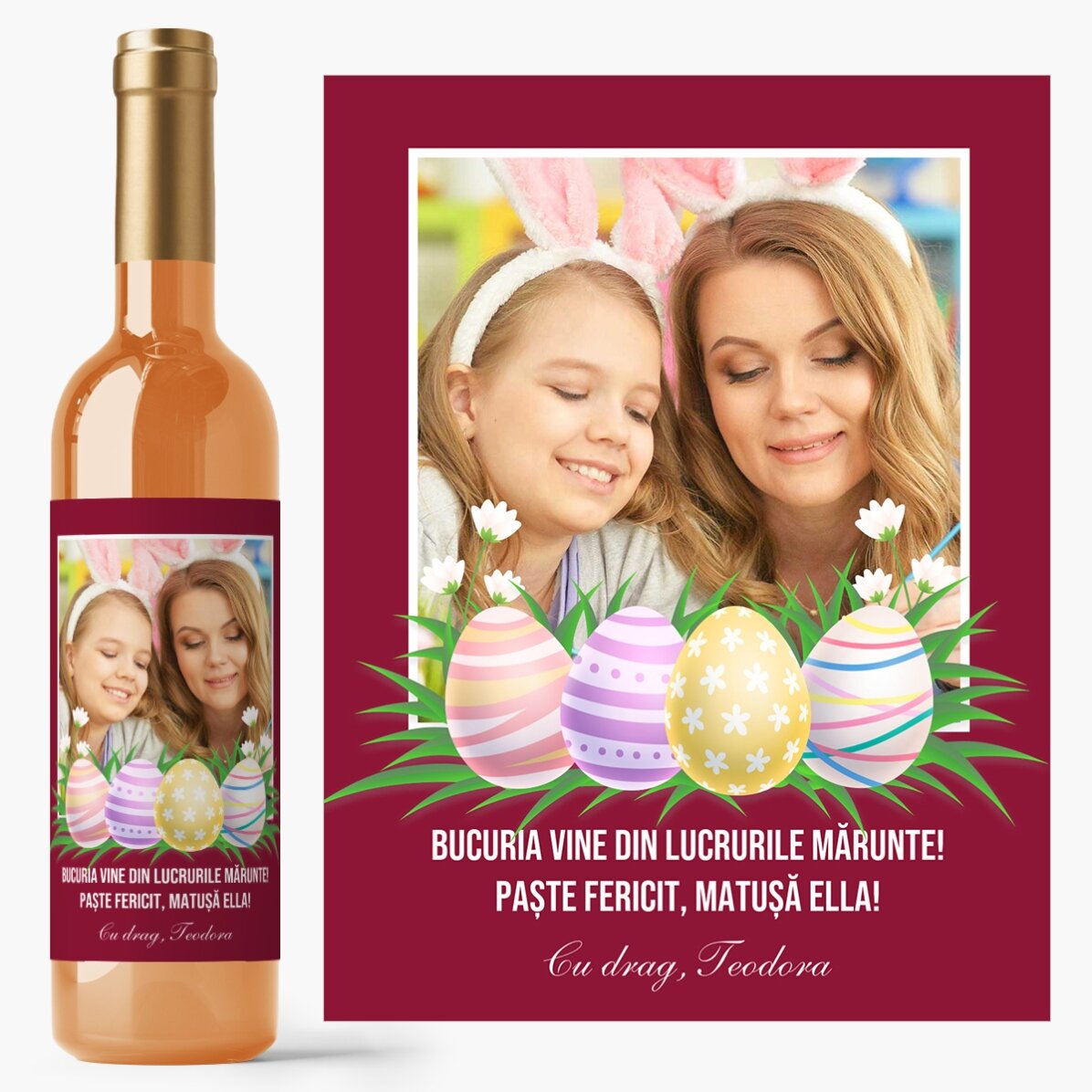 Vin personalizat cu o poză și mesaj de Paște