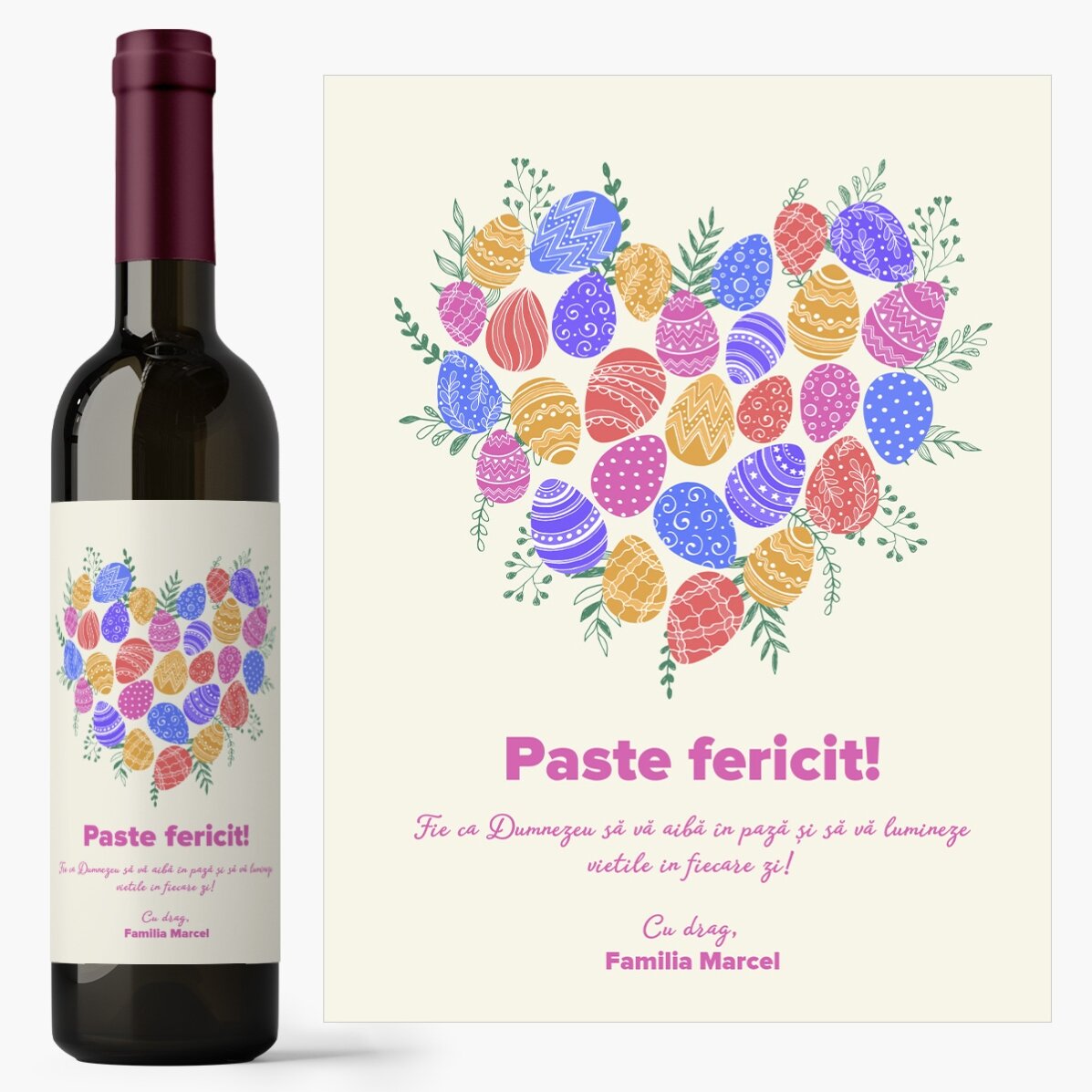 Vin personalizat cu text pentru Paște - model Inimă