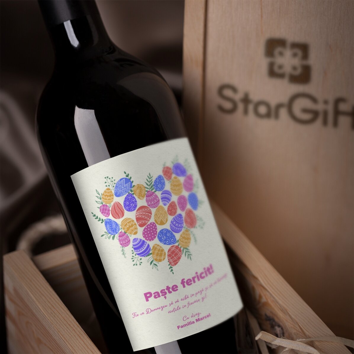 Vin personalizat cu text pentru Paște - model Inimă