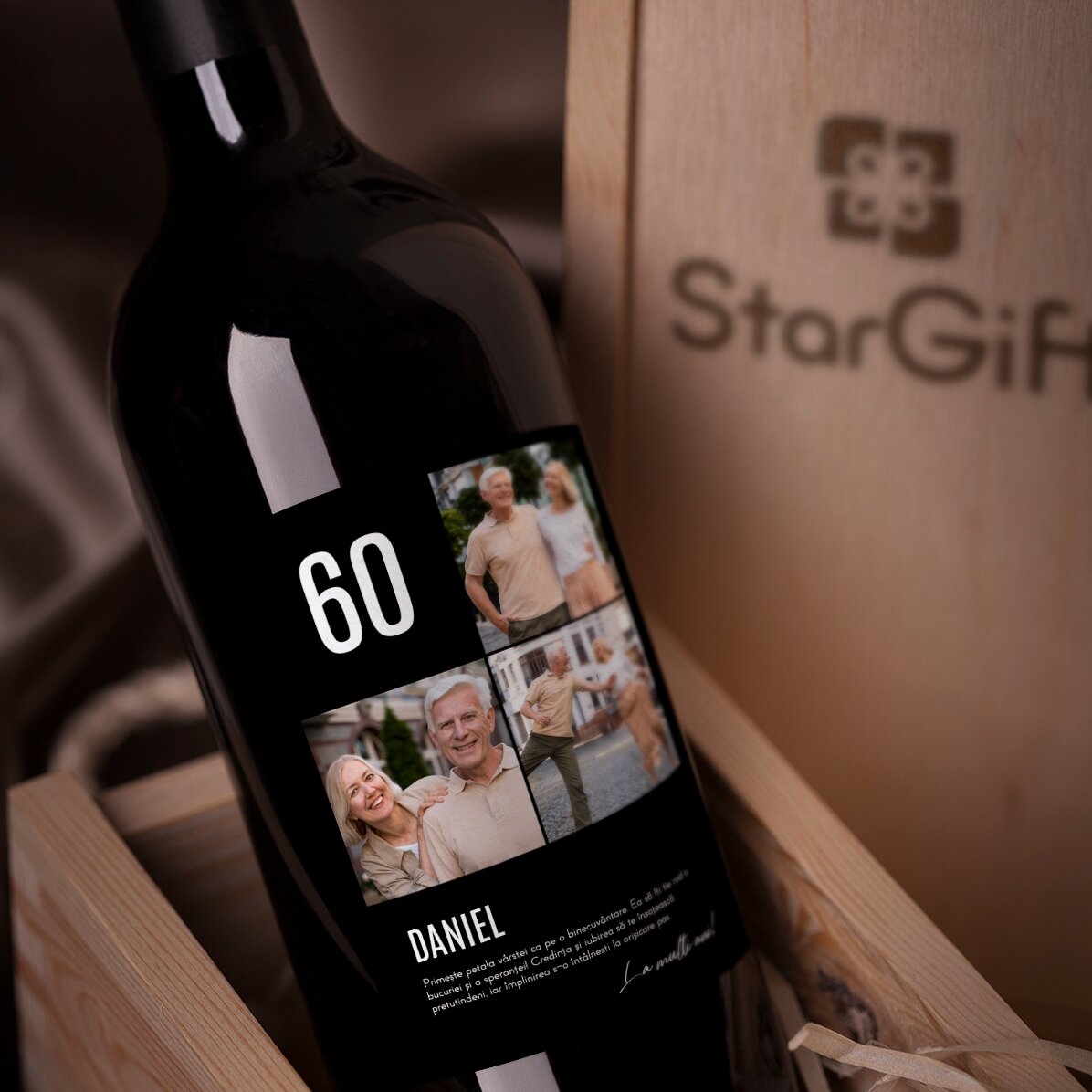 Vin personalizat cu text și 3 poze pentru zi de naștere - 60