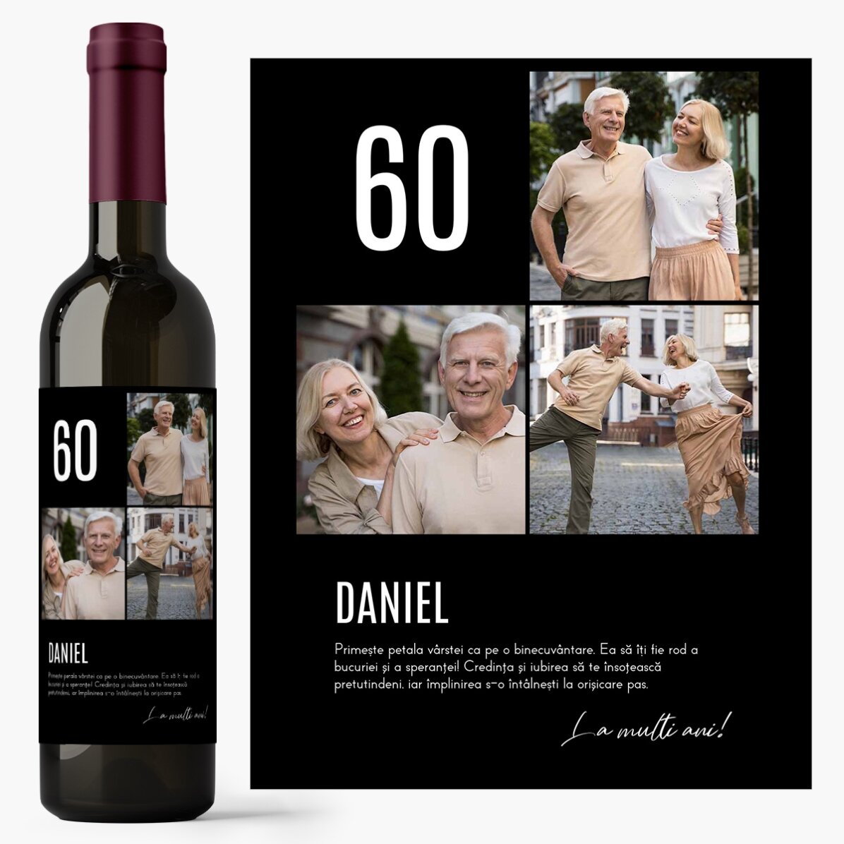 Vin personalizat cu text și 3 poze pentru zi de naștere - 60
