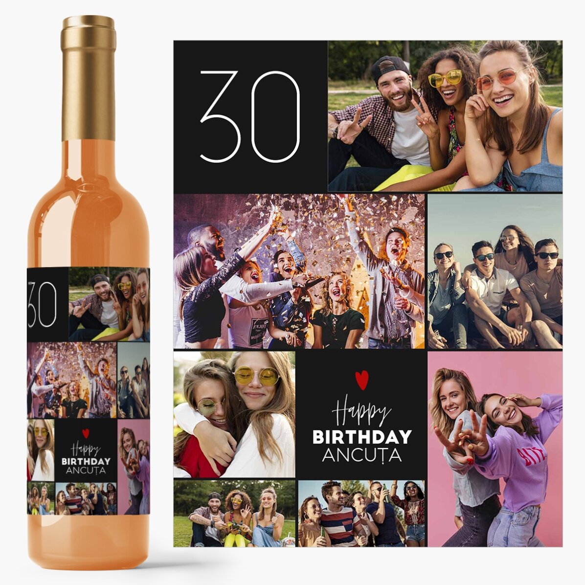 Vin personalizat cu text și 7 poze pentru zi de naștere - Happy birthday!