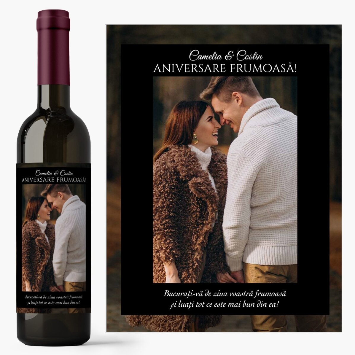 Vin personalizat cu text și poză pentru aniversări