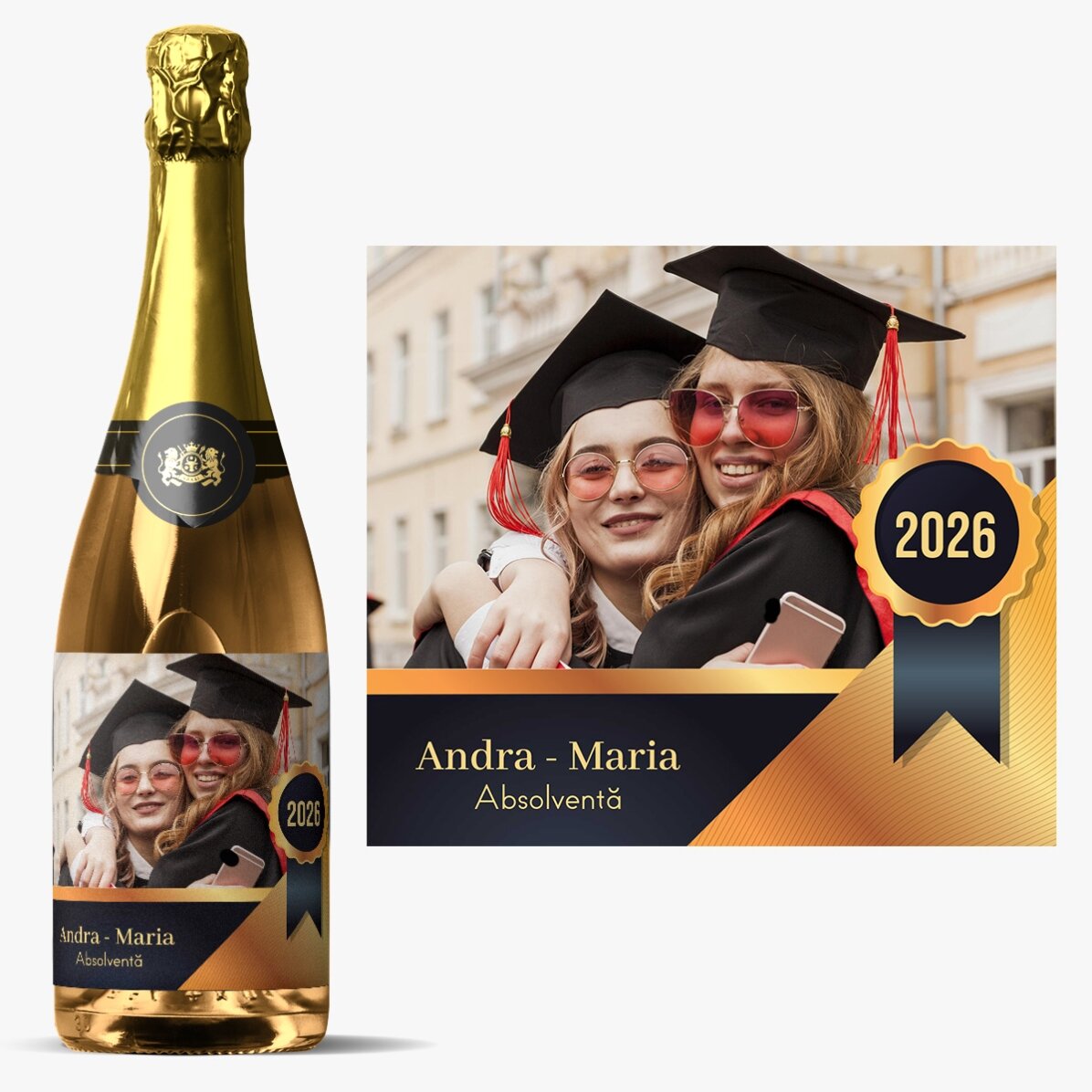 Vin spumant personalizat cu mesaj și o poză - Absolvire