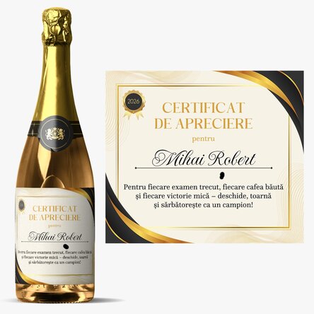 Vin spumant personalizat cu text - Certificat de apreciere