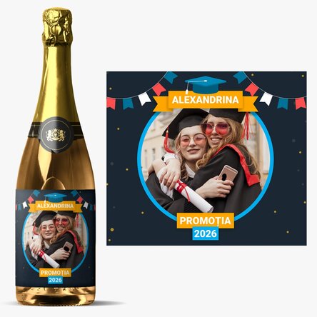 Vin spumant personalizat cu text si poza pentru absolvire 